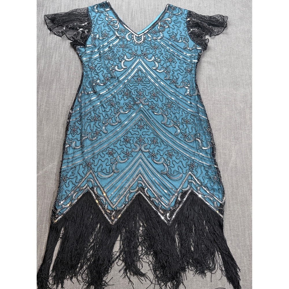 Fundaisy Teal Blue Sequin Beaded Flapper Dress Fringed Gatsby 1920s Style Womens